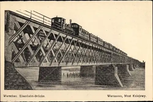 Ak Warszawa Warschau Polen, Eisenbahnbrücke, Dampflok