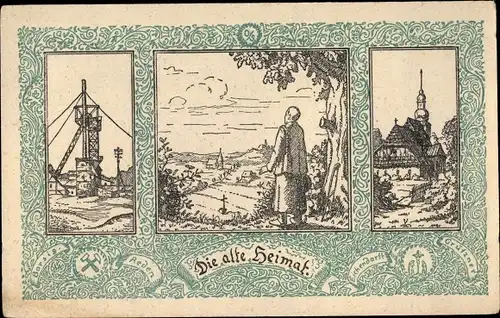 Künstler Ak Schlesien, Die alte Heimat, Zeche, Kirche, Borsig, Eichendorff, Abstimmungskarte