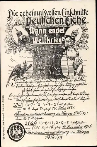 Künstler Ak Einschnitte in der Deutschen Eiche, Wann endet der Weltkrieg, Friedensunterzeichnung