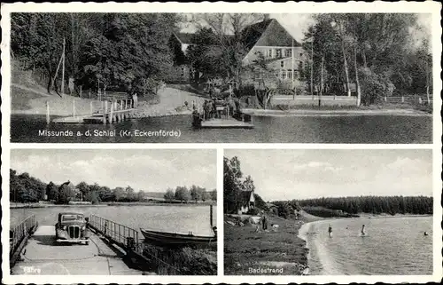 Ak Missunde an der Schlei Kosel, Gaststätte A. Seemann, Fähre, Badestrand