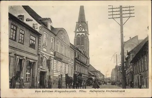 Ak Jelgava Mitau Lettland, Katholische Kirchenstraße, deutsche Soldaten