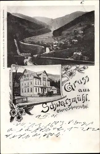 Ak Meuselbach Schwarzmühle, Gasthaus Schwarzmühl im Schwarzatal, Haltestelle