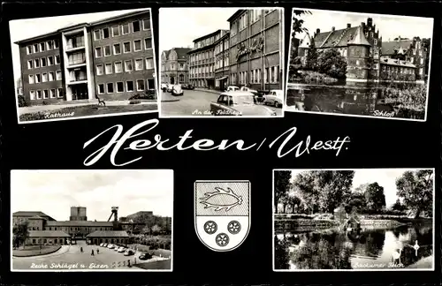 Wappen Ak Herten in Nordrhein Westfalen, Rathaus, Schloss, Feldhege, Backumer Teich, Zeche Schlägel