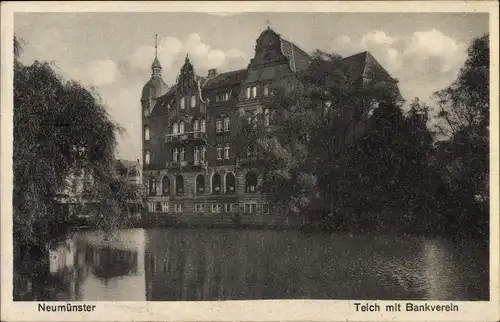 Ak Neumünster in Holstein, Teich mit Bankverein