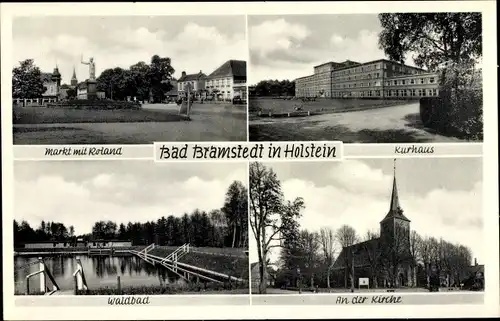 Ak Bad Bramstedt in Holstein, Waldbad, Markt mit Roland, Kurhaus, An der Kirche