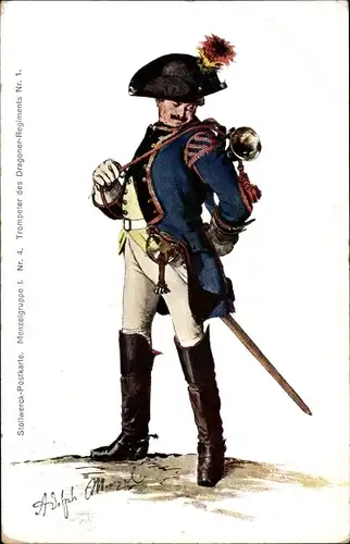 Künstler Ak Menzel, Adolph, Trompeter des Dragoner Regiments Nr. 1, Stollwerck