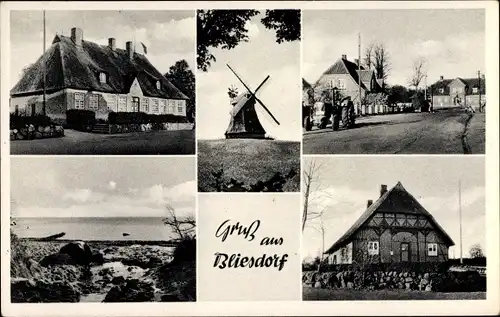 Ak Bliesdorf, Dorfpartie, Windmühle, Reetdachhäuser, Strand