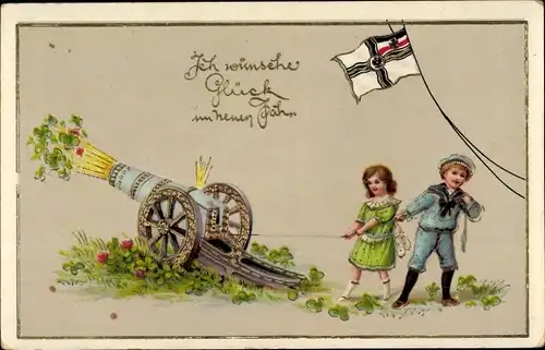 Ak Glückwunsch Neujahr, Kinder feuern Klee aus Kanone ab