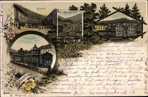 Litho Bad Wildbad im Schwarzwald, Kurplatz, Trinkhalle, König Karls Bad, Rennbachtal