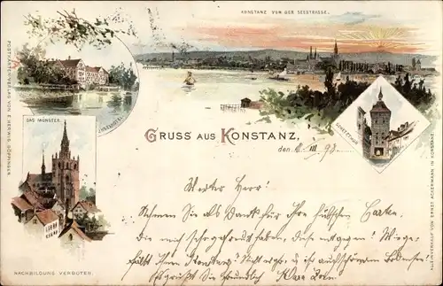 Litho Konstanz am Bodensee, Münster, Inselhotel, Schetztor