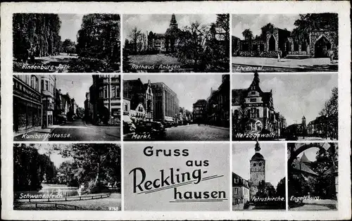 Ak Recklinghausen im Ruhrgebiet, Rathausanlagen, Engelsburg, Petruskirche, Herzogswall, Ehrenmal