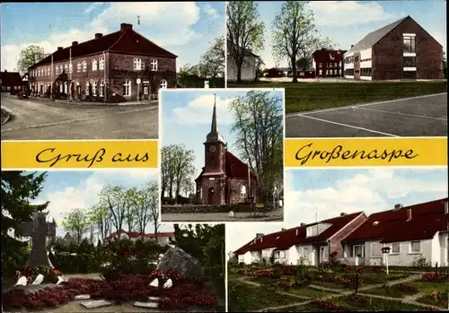 Ak Großenaspe in Holstein, Straßenpartien, Wohngegend, Kirche, Friedhof