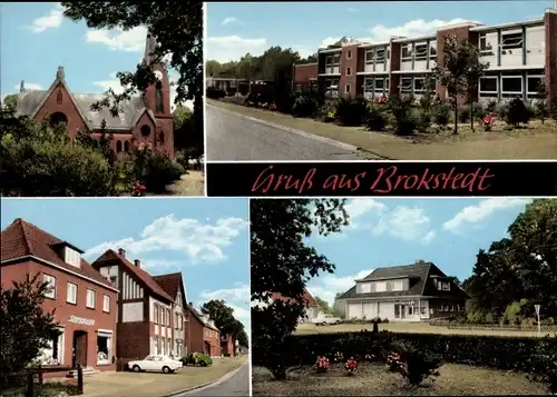 Ak Brokstedt in Schleswig Holstein, Kirche, Wohnungen, Haus mit Garten, Gemischtwarenladen