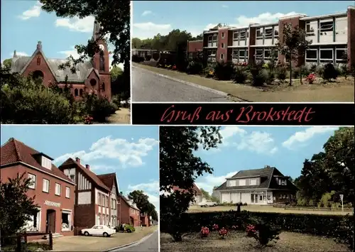Ak Brokstedt in Schleswig Holstein, Kirche, Wohnungen, Gemischtwarenladen, Haus mit Garten