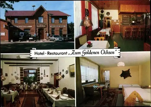 Ak Timmaspe in Schleswig Holstein, Hotel Restaurant zum goldenen Ochsen, Innen und Außen