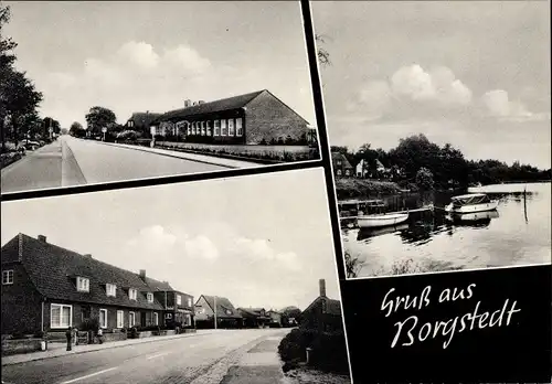 Ak Borgstedt in Schleswig Holstein, Straßenpartie, Bootsanlegestelle