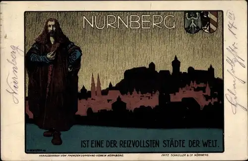 Künstler Ak Nürnberg, Wappen, Albrecht Dürer, Stadt im Hintergrund