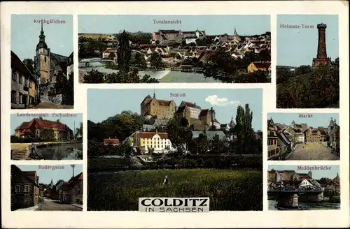 Ak Colditz in Sachsen, Gesamtansicht, Schloss, Heimatsturm, Schloss, Zschdrass, Badergasse