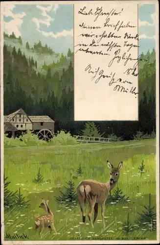 Künstler Litho Mailick, Reh mit Rehkitz auf einer Wiese, Wassermühle