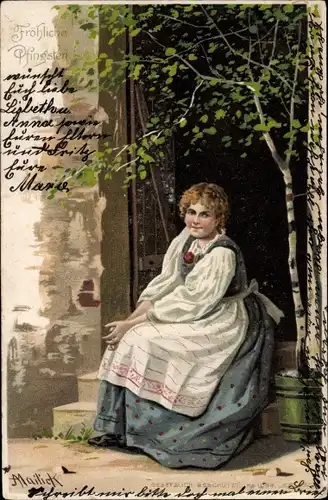 Künstler Litho Mailick, Glückwunsch Pfingsten, Frau im Hauseingang, Birke