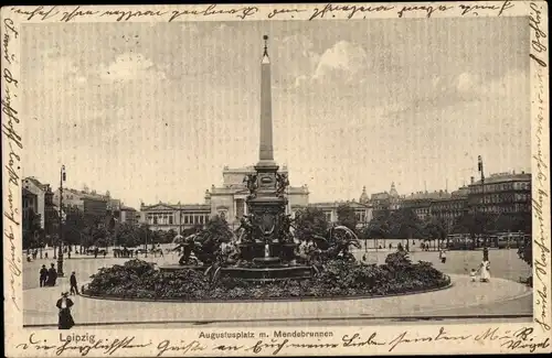 Litho Leipzig in Sachsen, Augustusplatz, Mendebrunnen, Theater