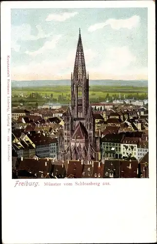 Litho Freiburg im Breisgau, Münster vom Schlossberg aus