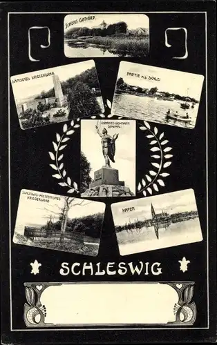 Ak Schleswig an der Schlei, Schloss Gottorp, Dänisches Kriegergrab, Denkmal, Hafen