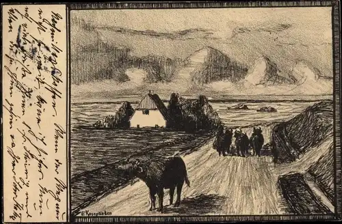 Künstler Ak Dorfpartie, Im Hintergrund eine Hütte, Kühe