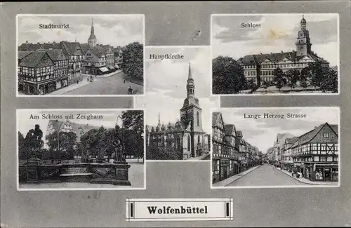 Ak Wolfenbüttel in Niedersachsen, Stadtmarkt, Hauptkirche, Schloss, Zeughaus, Lange Herzogstraße