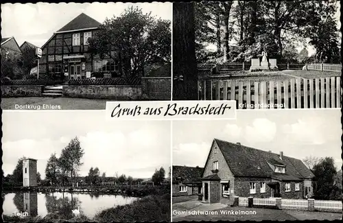 Ak Brackstedt Wolfsburg in Niedersachsen, Dorfkrug Ehlers, Kriegerdenkmal, Teich, Gemischtwarenladen