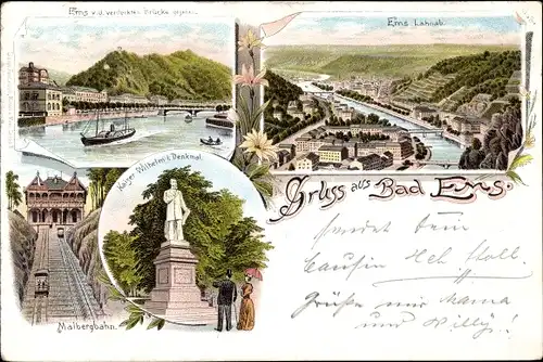 Litho Bad Ems an der Lahn, Blick auf den Ort, Kaiser Wilhelm I Denkmal, Malbergbahn, Standseilbahn