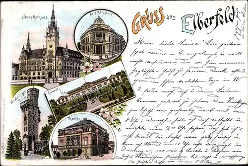 Litho Elberfeld Wuppertal in Nordrhein Westfalen, Bank, Rathaus, Theater, Haardt, Aussichtsturm