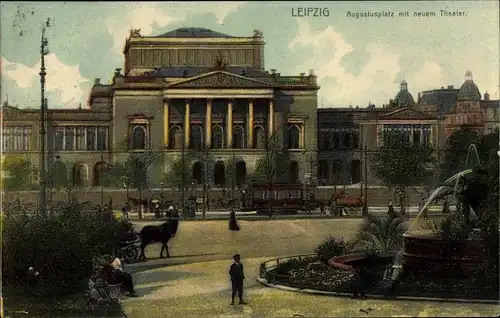 Ak Leipzig in Sachsen, Augustusplatz mit neuem Theater, Mendebrunnen
