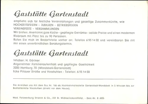 Ak Hamburg Wandsbek, Gaststätte Gartenstadt, Pillauer Str. Ecke Vosskuhlen, Inh. H. Gärtner