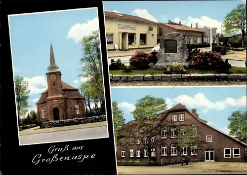 Ak Großenaspe in Holstein, Kirche, Denkmal, Geschäftshaus