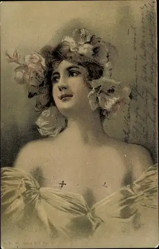 Ak Portrait einer Frau, Blumen in Haaren