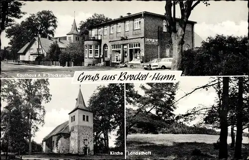 Ak Brockel in Niedersachsen, Kaufhaus A. P. Stockstrom, Kirche, Landschaft