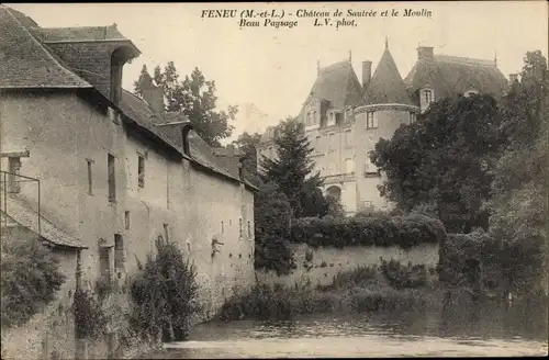 Ak Féneu Maine et Loire, Chateau du Sautree et le Moulin Beau Paysage