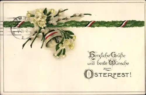 Ak Glückwunsch Ostern, Glocke, Weidenkätzchenzweige, Blüten, Patriotik
