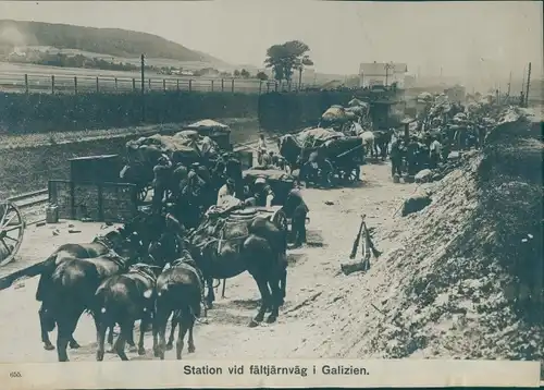 Foto Galizien, Deutsche Soldaten, I. WK, Trainkolonne, Gulaschkanone, Pferde, Eisenbahn
