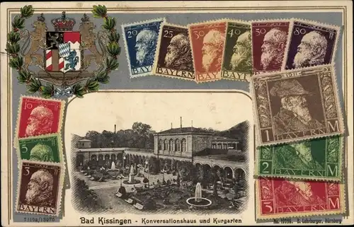 Briefmarken Wappen Ak Bad Kissingen Unterfranken Bayern, Konversationshaus, Kurgarten