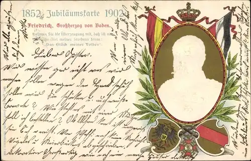Präge Wappen Litho Friedrich Großherzog von Baden, Portrait, Jubiläumskarte 1902