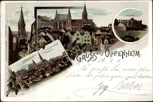 Litho Oppenheim am Oberrhein, Katharinenkirche, Totalansicht, Landskrone