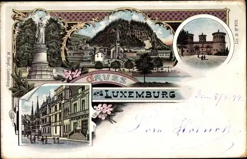 Litho Luxemburg, Stadtansicht, Straßenpartie, Denkmal, Kirche