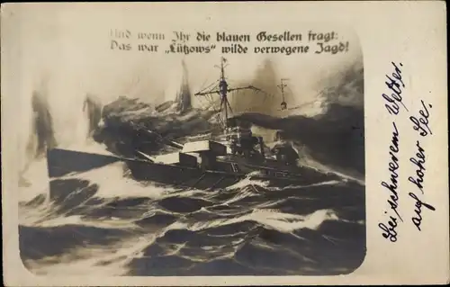 Ak Deutsches Kriegsschiff im Sturm, Lützows wilde verwegene Jagd