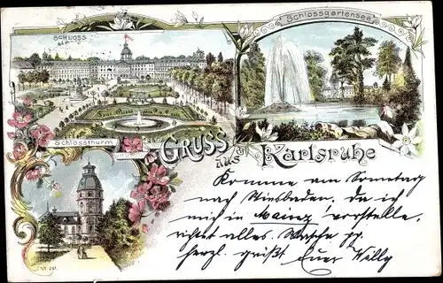 Litho Karlsruhe in Baden Württemberg, Schloss, Schlossturm, Schlossgartensee