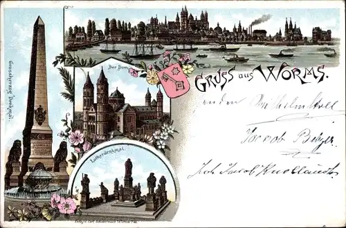 Litho Worms am Rhein, Dom, Panorama, Großherzogdenkmal, Lutherdenkmal