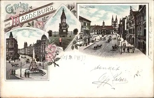 Litho Magdeburg an der Elbe, Hasselbachbrunnen, Kriegerdenkmal, alter Markt