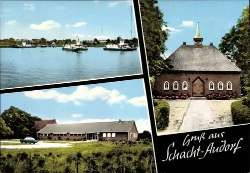 Ak Schacht Audorf in Schleswig Holstein, Kirche, Wasserpartie, Fähren