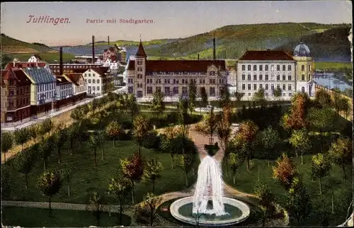 Ak Tuttlingen Baden Württemberg, Partie mit Stadtgarten, Fontäne